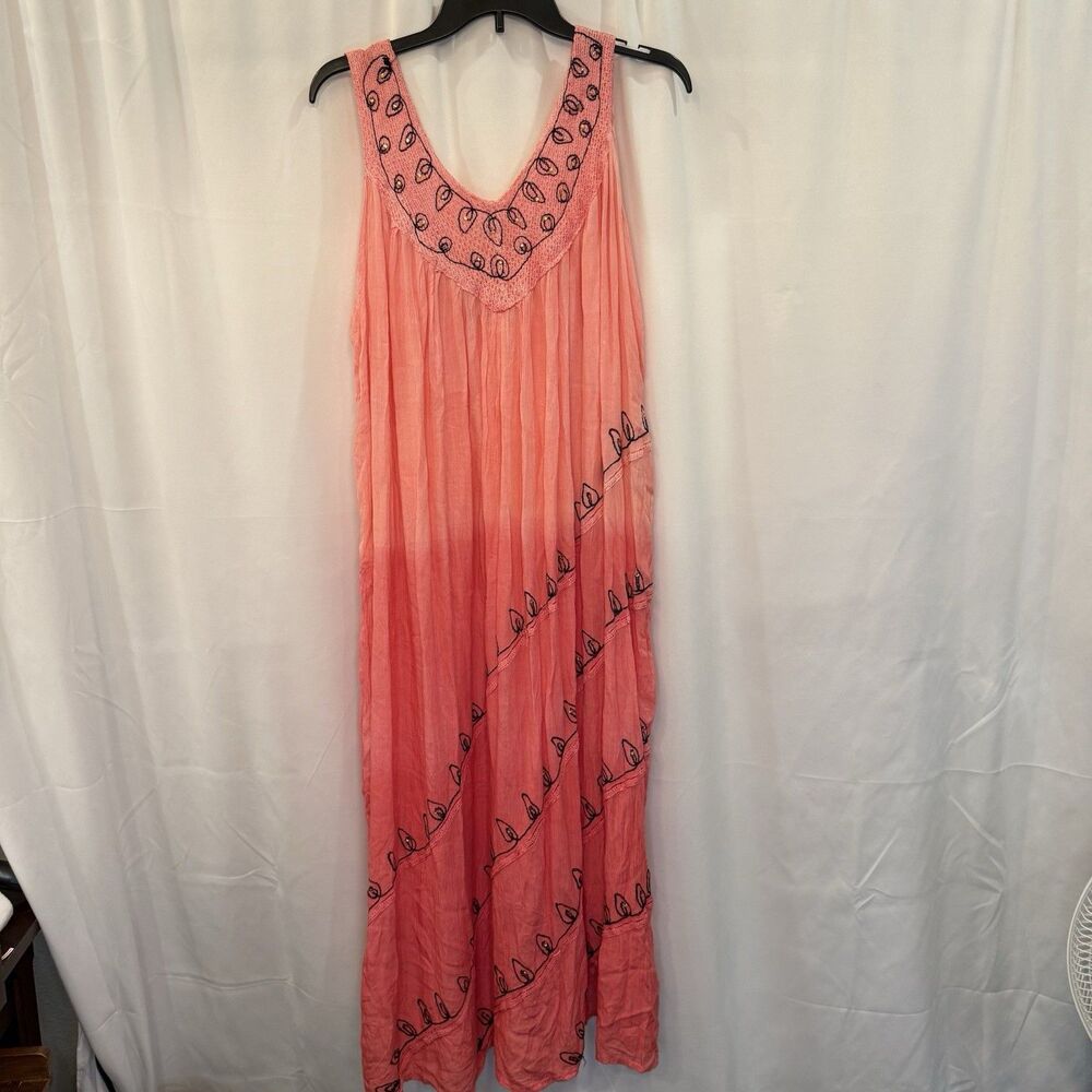 Women Pink Ombre Gauze Embroidered Sequin Maxi Dress OS Summer Boho